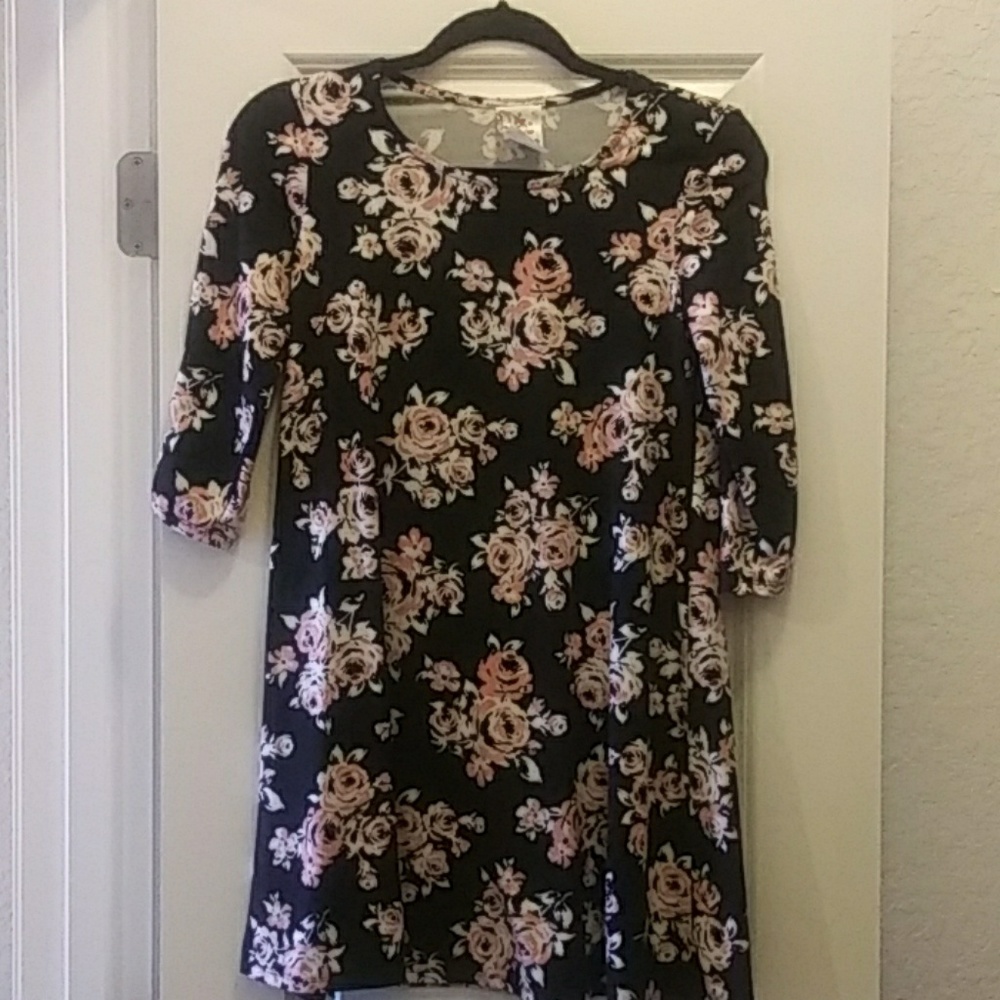 Black dress with pink and white roses